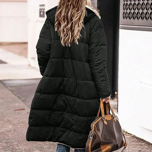 Black Casual Women's Reversible Hooded Mid-Length Thick Warm Jacket - Picture 2 of 4